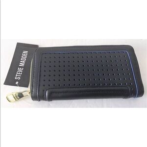 Steve Madden Perforated Black Blue Zip Wallet 8"